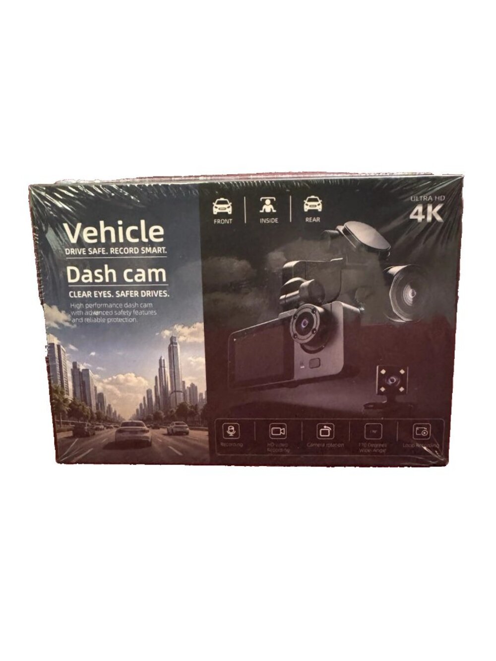 4K Ultra HD 3-Channel Dash Cam Front, Inside & Rear Triple Car Camera System